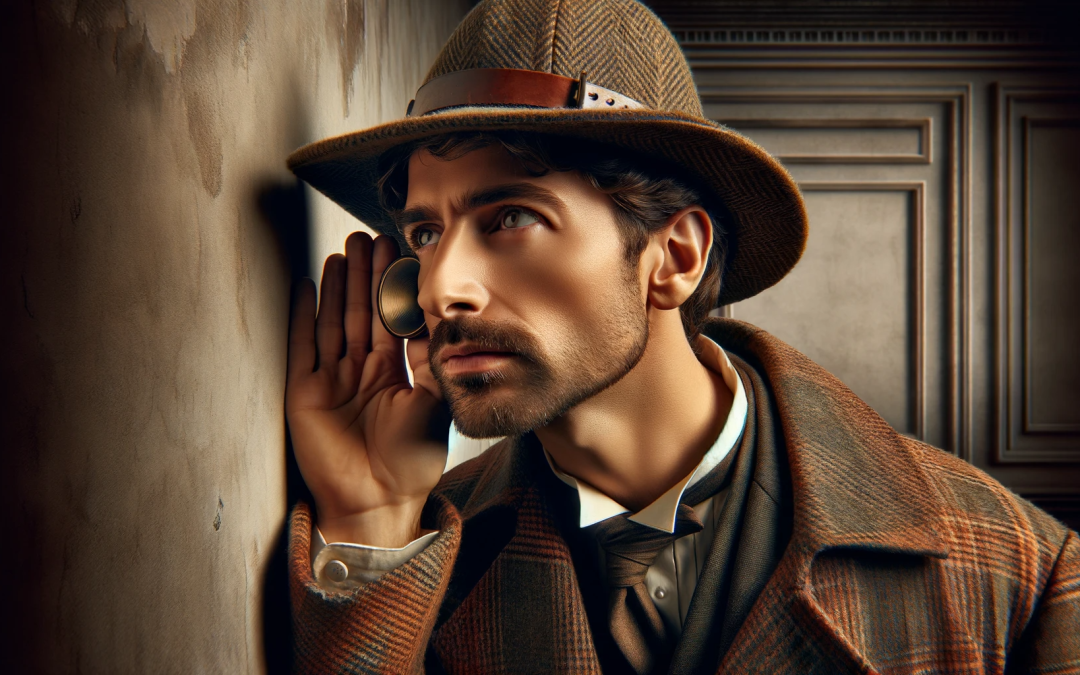 Sherleak Holmes listening for a water leak in the wall.